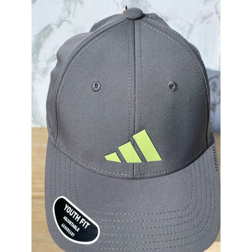 Adidas Youth Fit Adjustable AEROREADY Baseball Cap Gray & Neon Logo